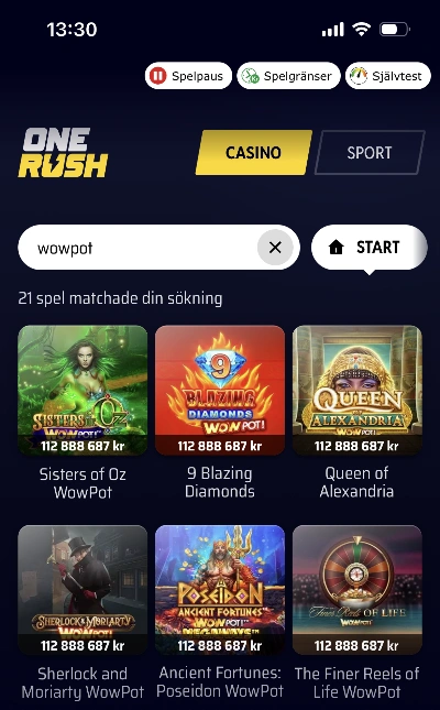 Wowpot hos Onerush casino
