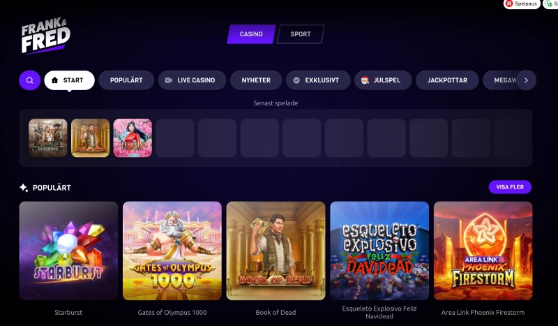 Utval av slots hos Frank Fred Casino